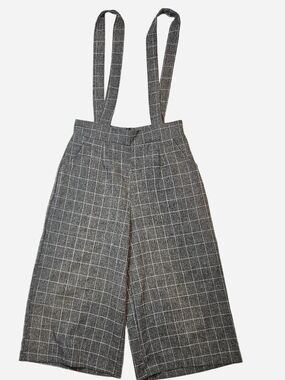 Forever 21 Gray & White Windowpane Wide-Leg Suspender Pants Size M Office Siren